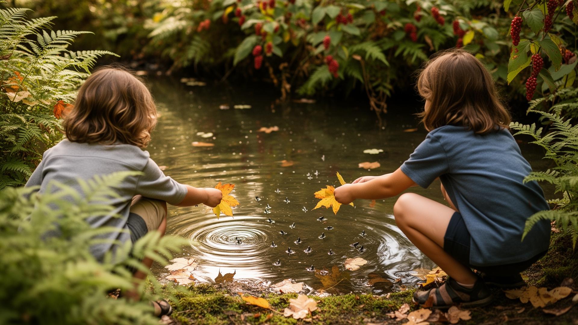 Two kids feeding tadpoles at a Pacific Northwest pond