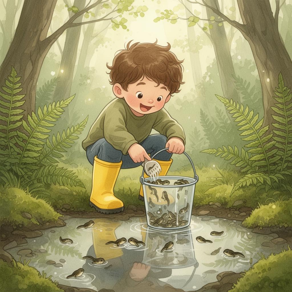 Child gently scooping tadpoles from a shrinking puddle