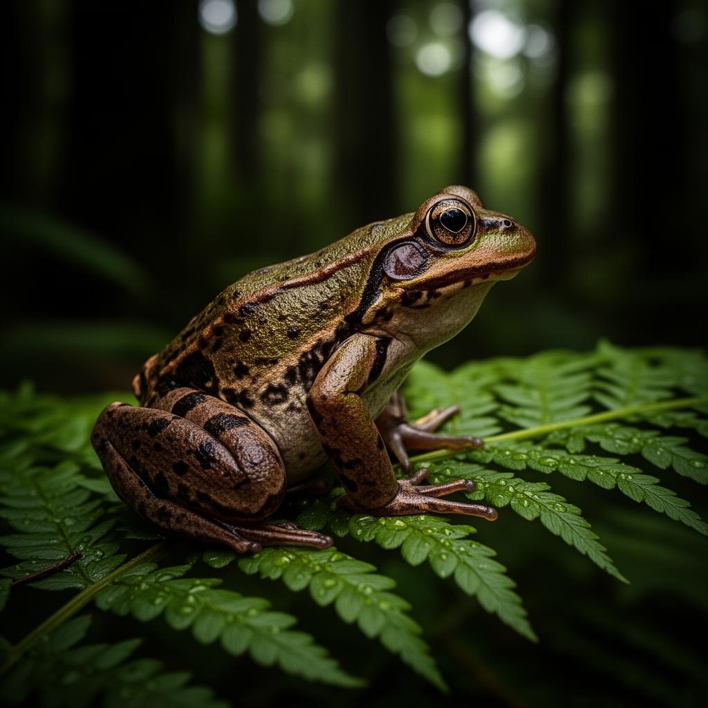 Close-up of a Northern Red-Legged Frog on a fern frond in the forest