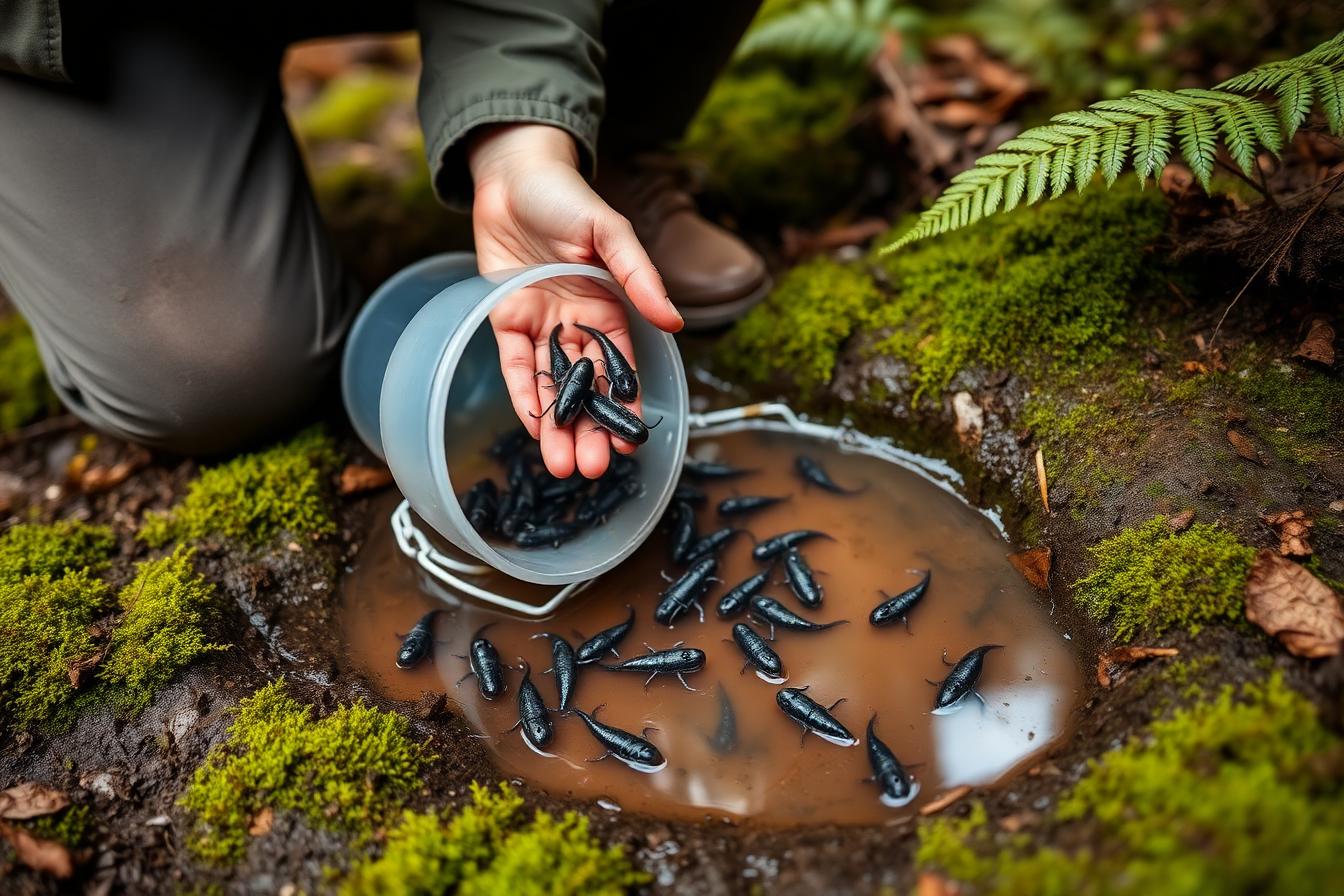 Volunteer scooping tadpoles from a shrinking forest puddle into a bucket